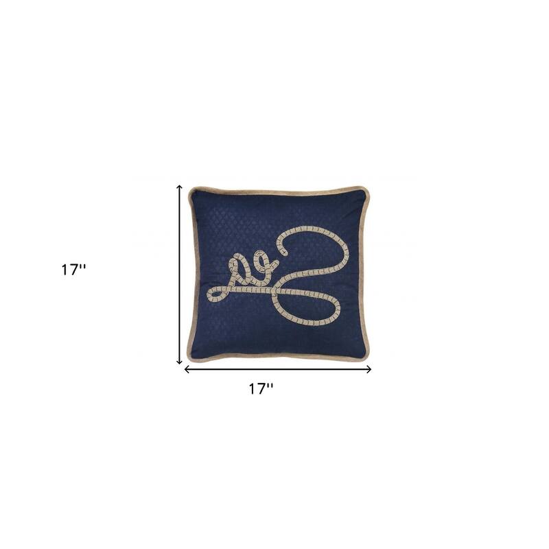 HomeRoots 17" X 17" Navy Blue And Brown Text Zippered Polyester And Burlap Blend Throw Pillow With Embroidery