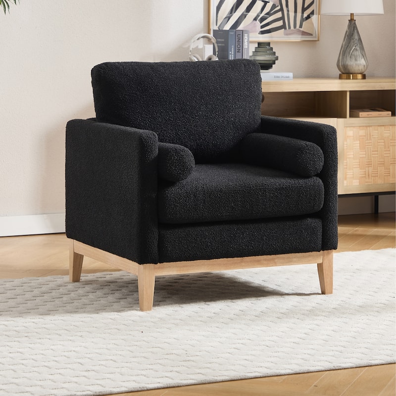 35.4"W Modern Reading Chair,Upholstered Accent Chair with Pillows and Wood Legs - Black/Natural Leg
