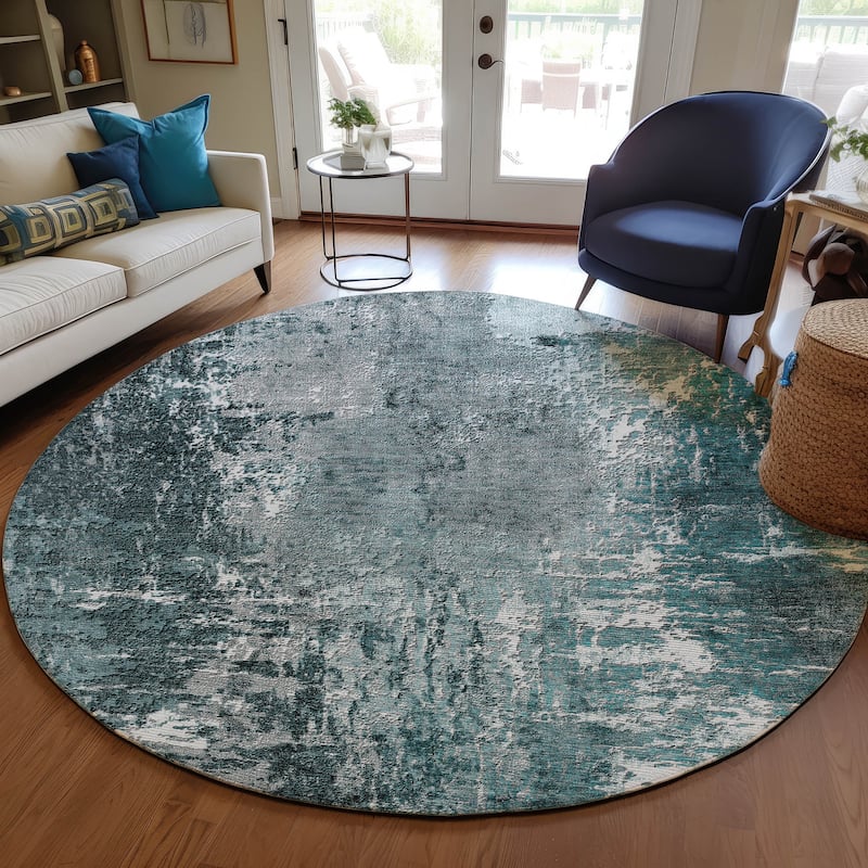 Machine Washable Indoor/ Outdoor Chantille Abstract Contemporry Rug - Teal - 8' x 8'
