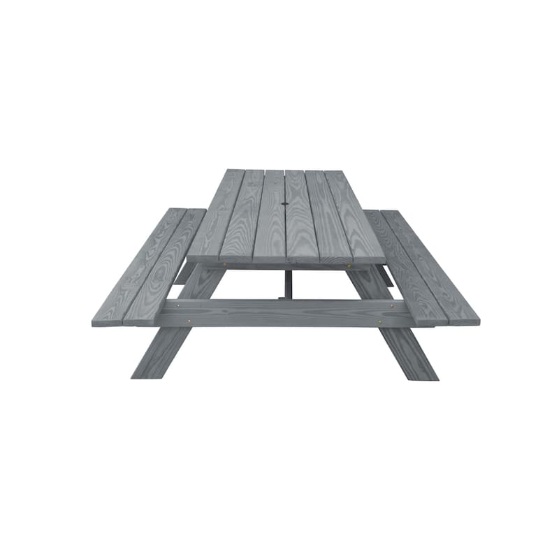 HomeRoots 94" Gray Solid Wood Outdoor Picnic Table with Umbrella Hole