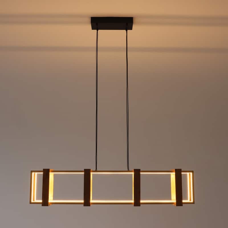 40 in. LED Rectangular Wood Chandelier, Modern Pendant Light Fixture, Dimmable Kitchen Chandeliers for Dinning Room