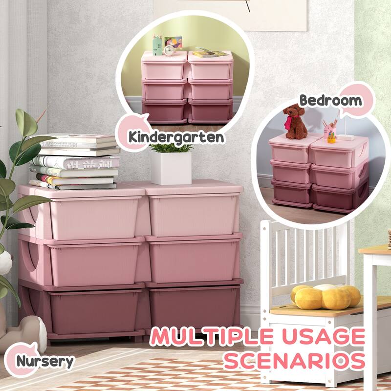 Qaba 3 Tier Kids Storage Unit, 6 Drawer Chest Toy Organizer Plastic Bins for Kids Bedroom Nursery Kindergarten Living Room