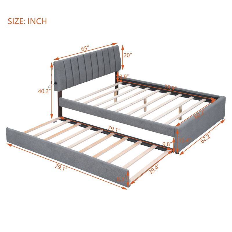 Twin/Full/Queen Teddy Fleece Upholstered Platform Bed with Trundle and LED Lights - Space-Saving & Stylish Design
