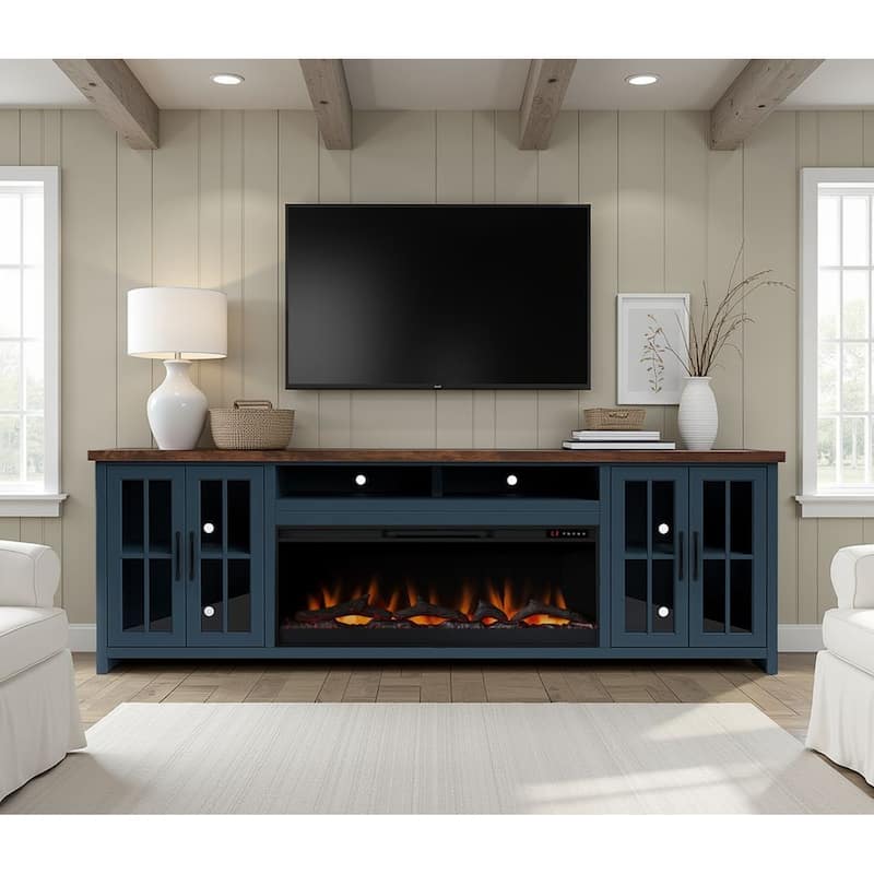 Bridgevine Home Modern Farmhouse 97 inch Fireplace TV Console for TVs up to 100 inches, Two-Tone Finish - Blue Denim and Whiskey