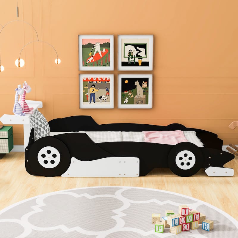Black Twin Size Cool Pine Wood Race Car Platform Bed with Rear Wing and ...