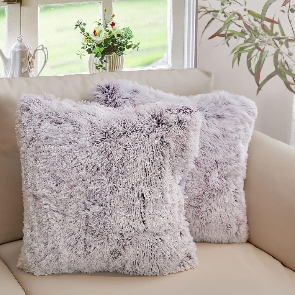 Cheer Collection Super Soft Shaggy Long Hair Throw Pillows Set of 2 Plush Accent Cushions