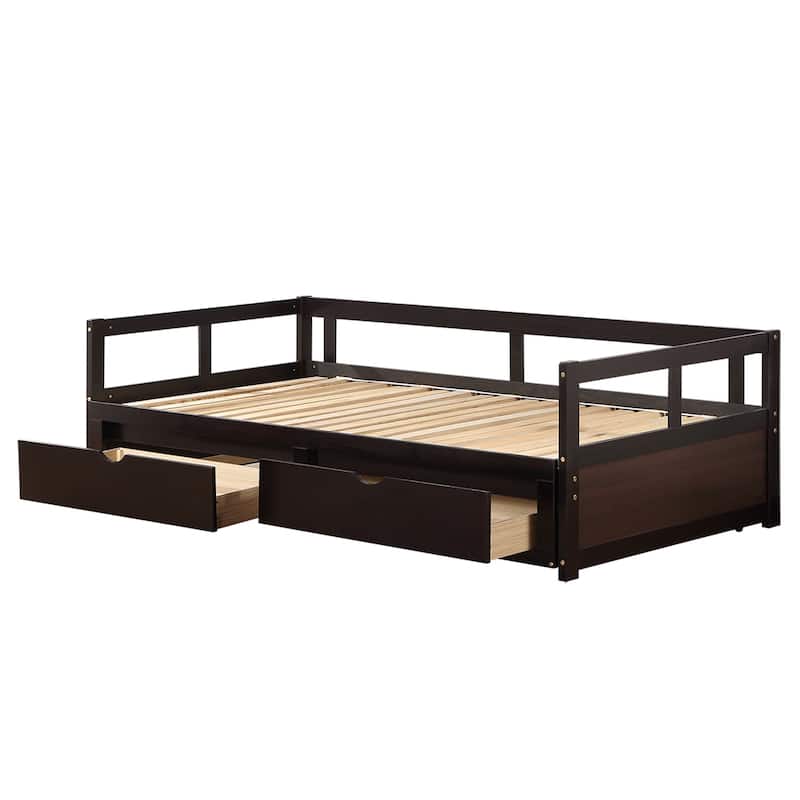 Wooden Daybed with Trundle Bed and Two Storage Drawers , Extendable Bed ...