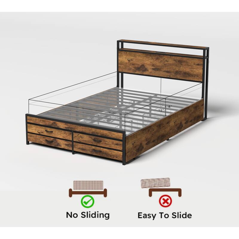 Metal Bed Frame Platform Bed Frame with 8 Storage Drawers, LED Headboard with Charging Station, No Box Spring Needed, Noise-Free