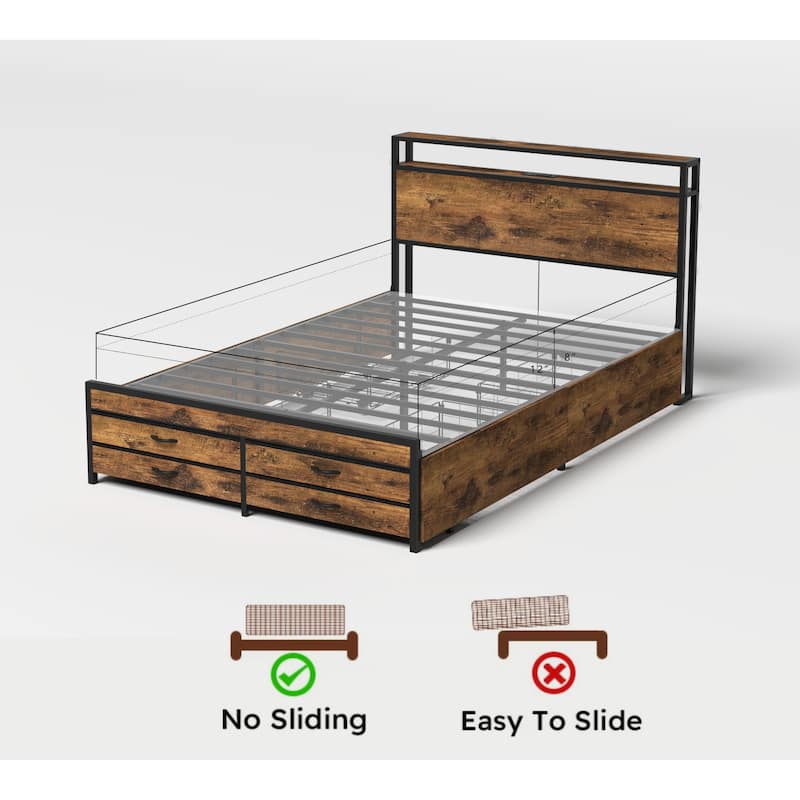 Queen Bed Frame with 8 Storage Drawers, LED Headboard with Charging Station, Metal Platform Frame, No Box Spring Needed
