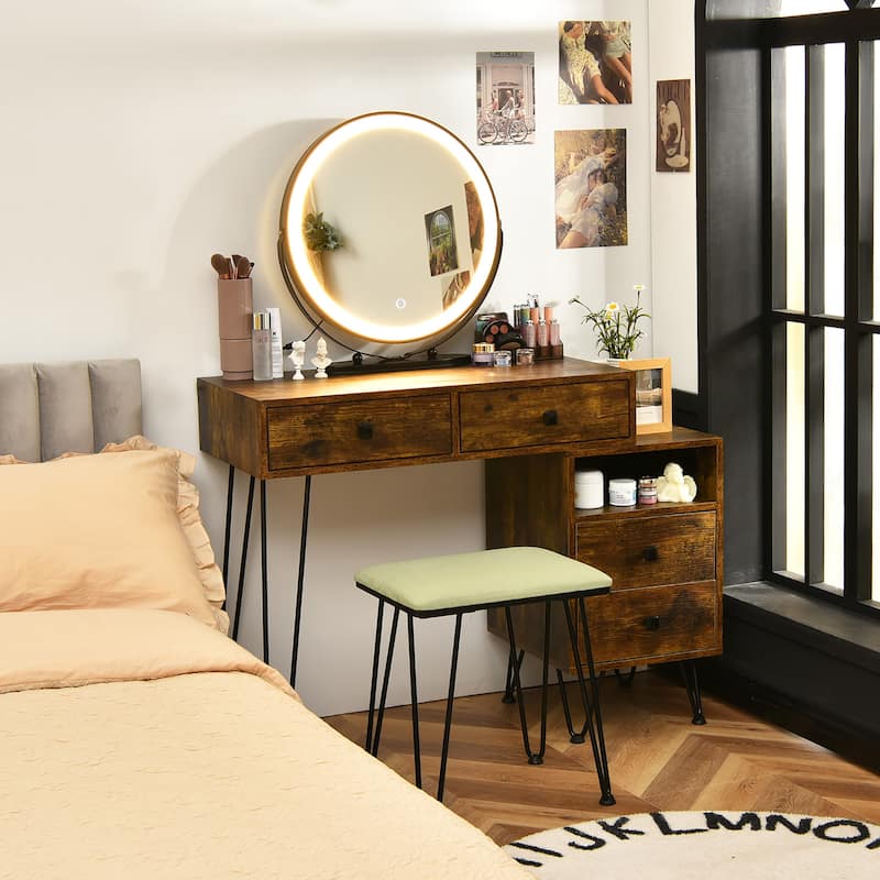Costway Vanity Table Stool Set Dimmer LED Mirror Large Storage Cabinet - See details - Brown
