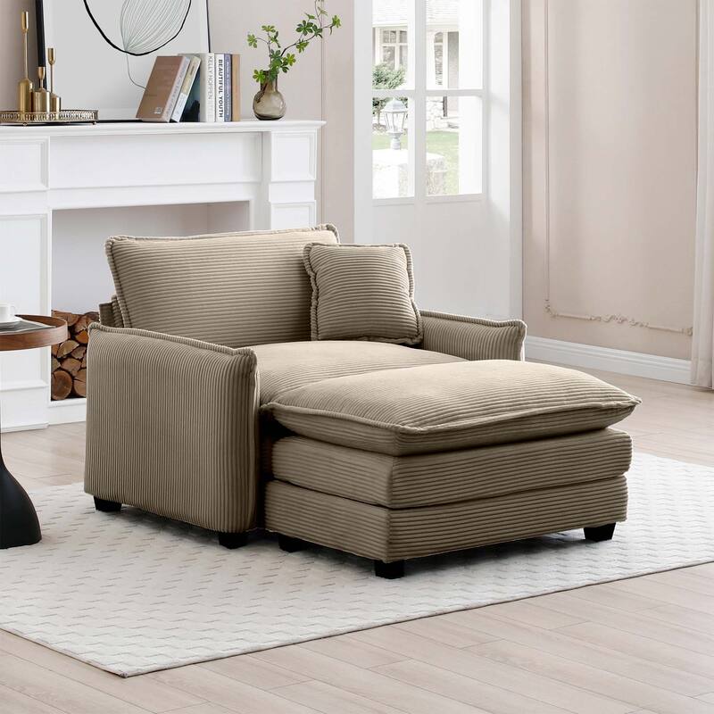 Ergonomic Corduroy Single Sofa Chair with Ottoman and Pillow