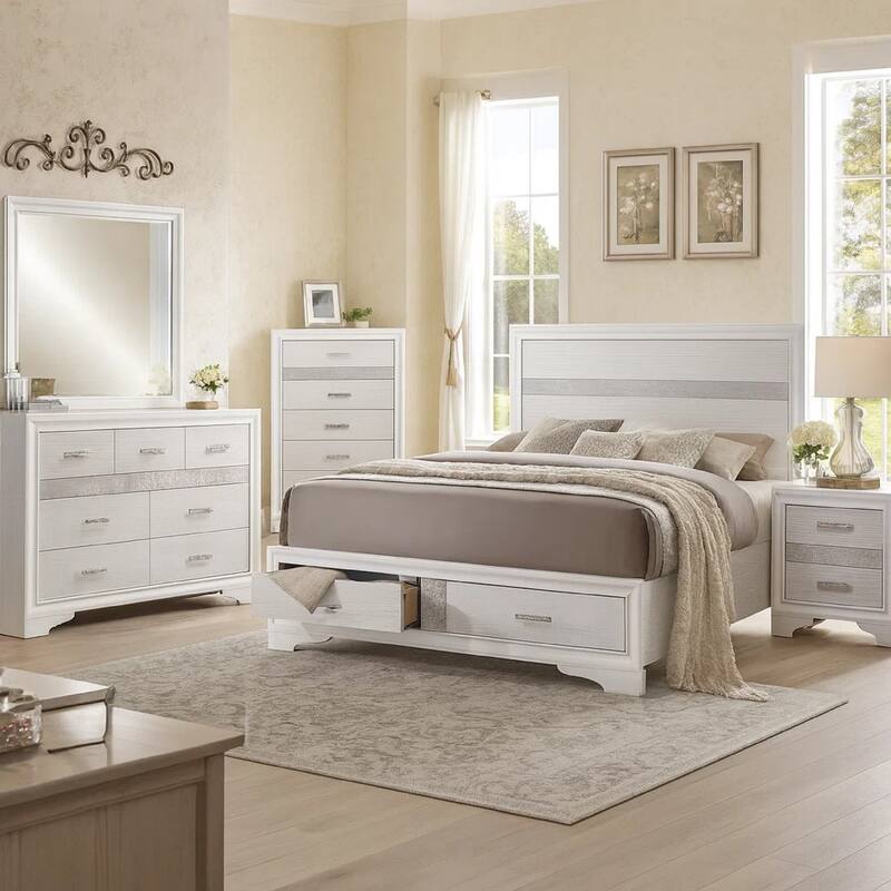 Vino White 5 Piece Full Bed Set with Dressers, Mirror, Glitter Accent