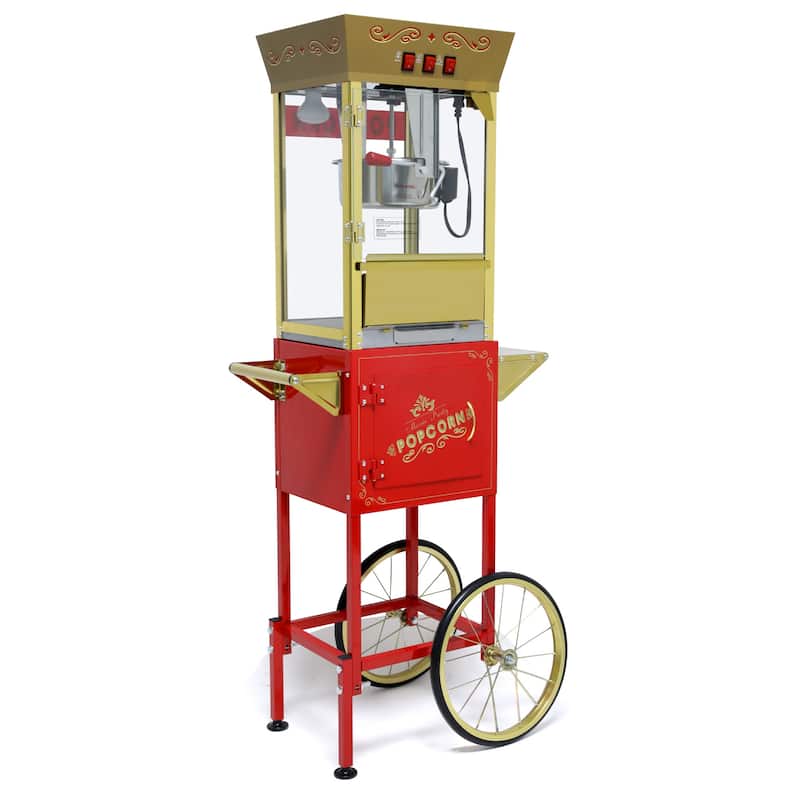 12oz Popcorn Machine Cart, Popcorn Cart with Wheels, Vintage Popcorn Machine with Stainless Steel Kettle