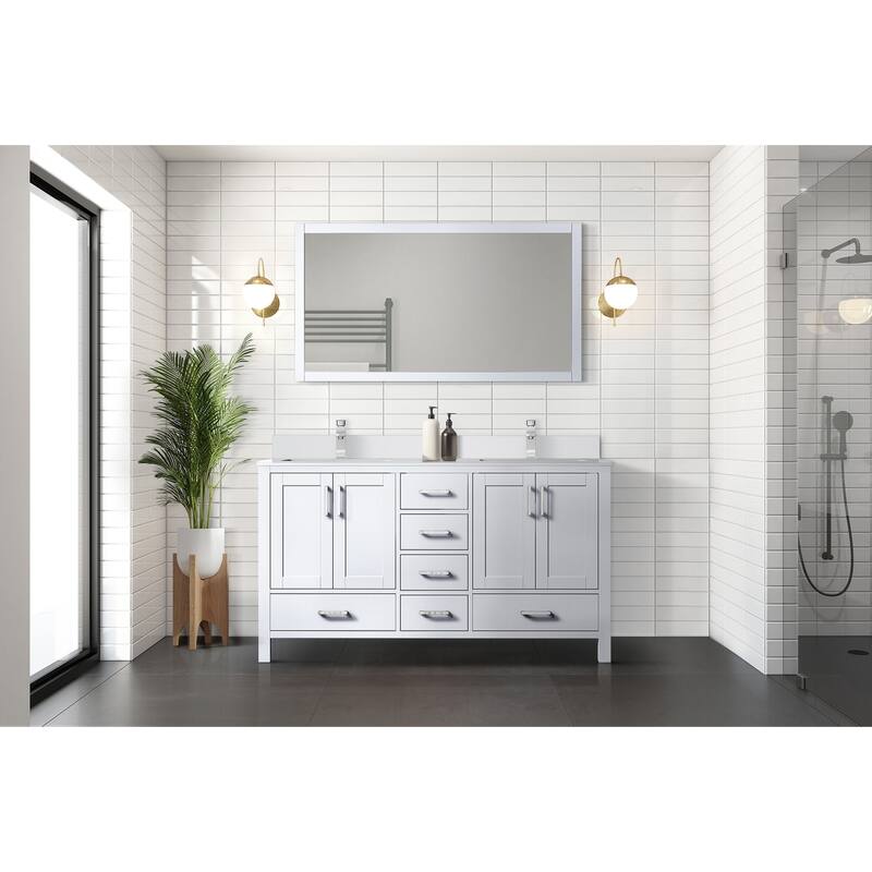 Jacques White Bath Vanity, Cultured Marble Top, Faucet Set and Mirror
