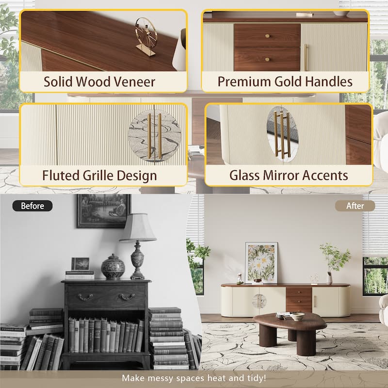 78.74" Mid-Century TV Stands, Fully Assembled,Brown Solid Wood Veneer, Media Console With 5 Cabinets+3 Drawers - 78.74