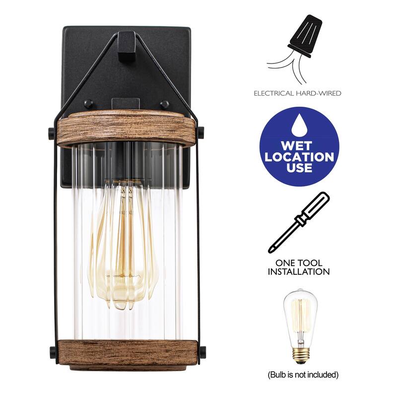 C Cattleya 2-Pack Black and Woodgrain Outdoor Wall Sconces Light