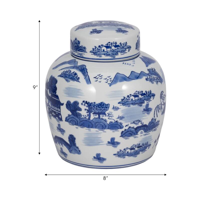 Rectangular Chinoiserie Ceramic Table Jar with Lid
