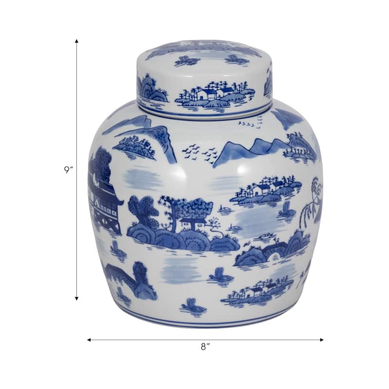 Sagebrook Home Stoneware Ceramic Chinoiserie Decorative Container with Lid