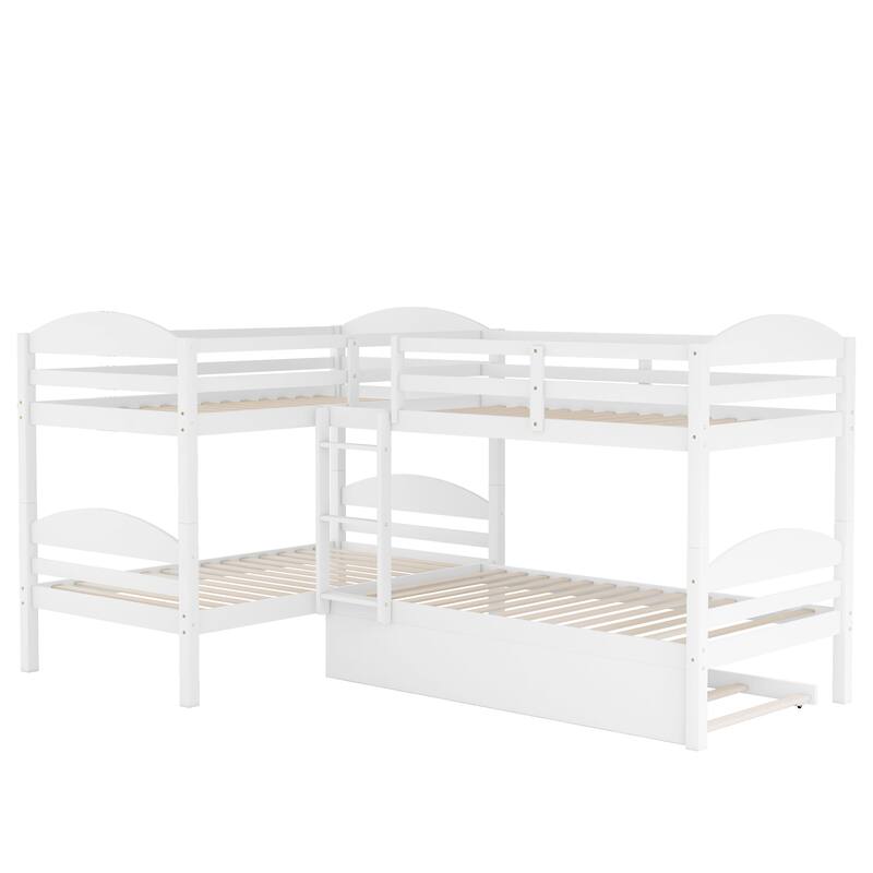 Twin Over Twin Triple Bunk Bed with Trundle Bed, L-Shaped Bunk Bed with Ladder, Wooden Bunkbed Frame for 4 Kids Boys Girls Teens