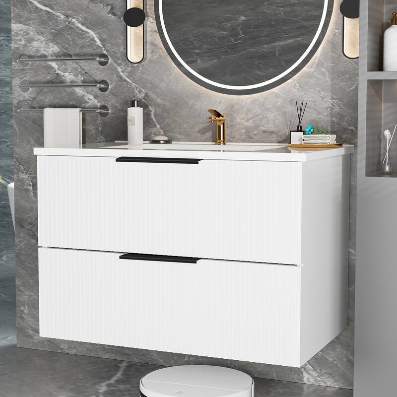 Modern Fluted Wall-Mounted Vanity with Ceramic Sink & Integrated Drawers - Matte White - 36 Inch