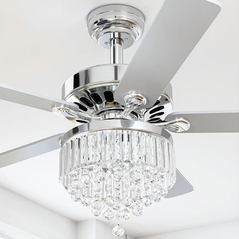52-inch Wooden 5-Blade Crystal Ceiling Fan Chandelier with Remote