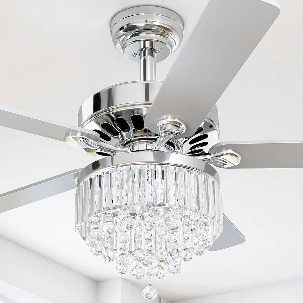 52-inch Wooden 5-Blade Crystal Ceiling Fan Chandelier with Remote