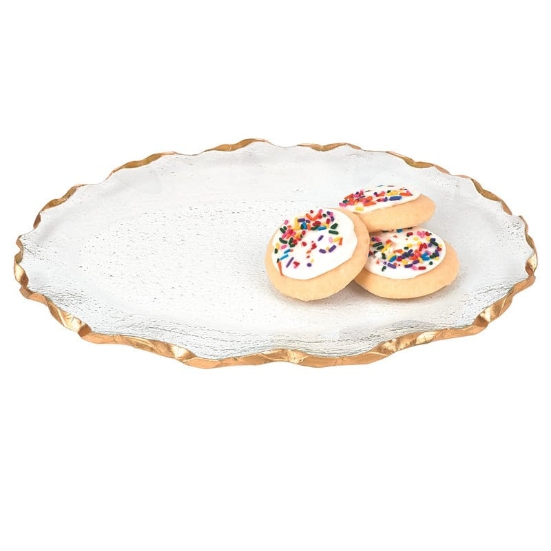 Homeroots 14" Clear Bubble Glass Scalloped Gold Rim Oval Platter
