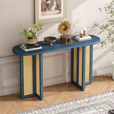 Farmhouse Rattan Console Table Entryway Table,Navy