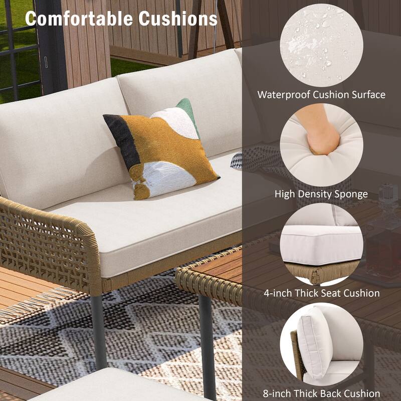 6-Piece Patio Furniture L-Shaped Set, Outdoor Sectional Sofa Set, Couch Conversation Set, Beige
