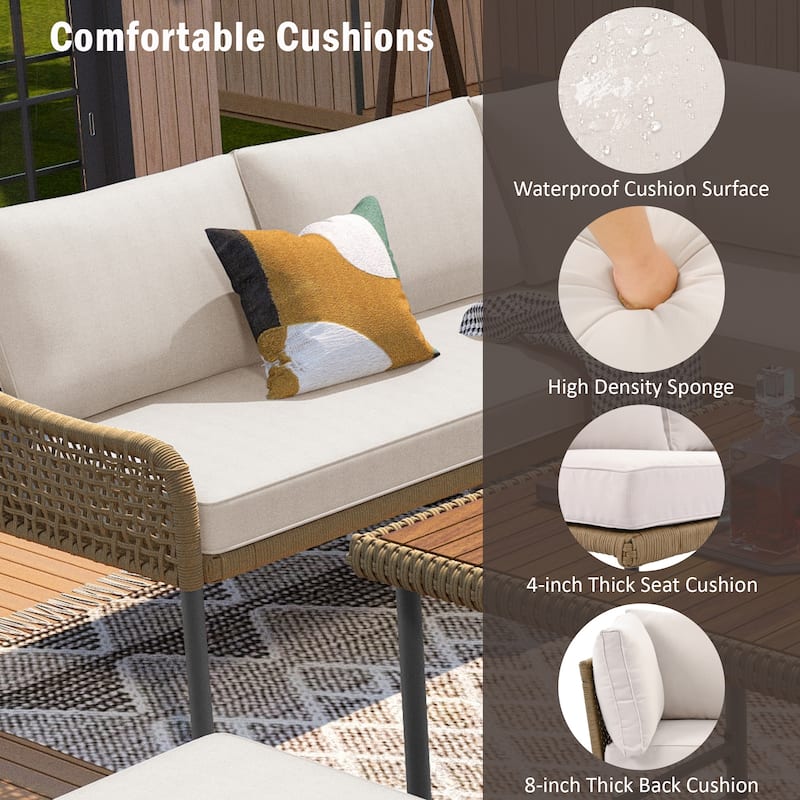 6-Piece Rope Patio L-Shaped Sectional with Acacia Table & Ice Box, Benches & Conversation Set with Thick Cushion