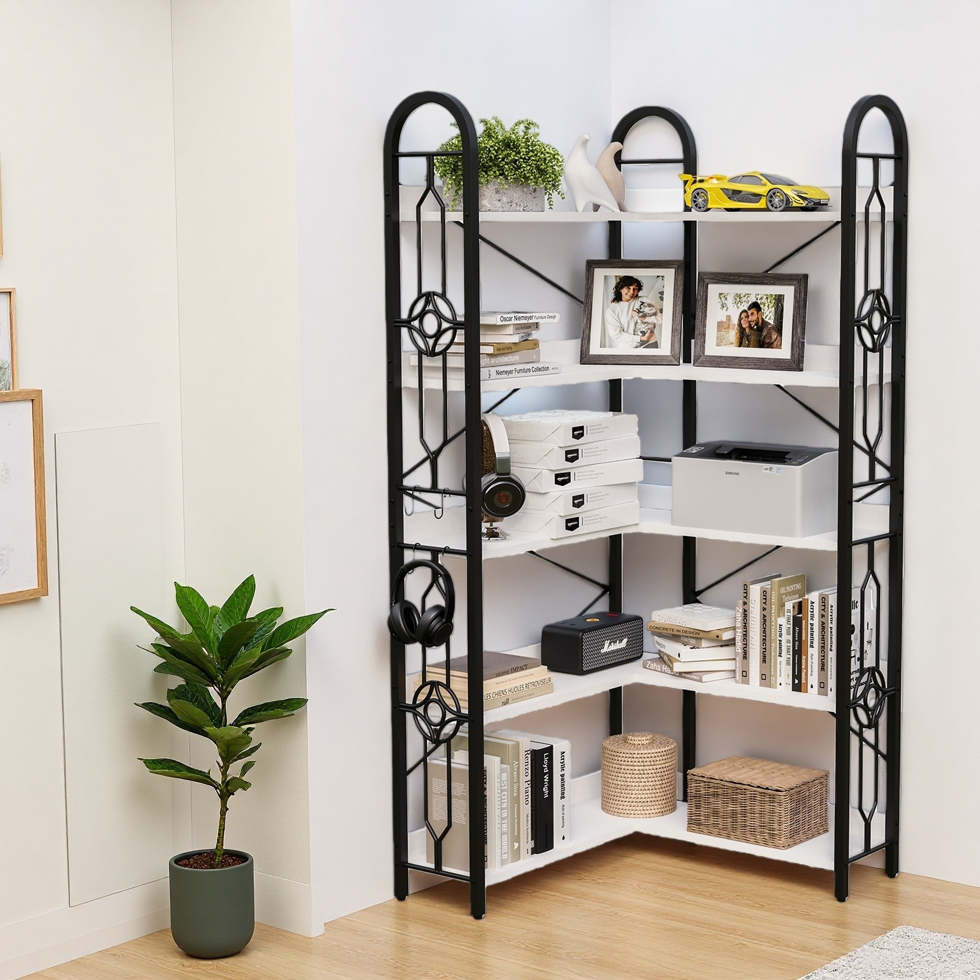 72.05"H 5-Tier Corner Bookshelf, Open Shelf Bookcase with Painted Steel Frame, Storage Display Rack for Bedroom, Living Room