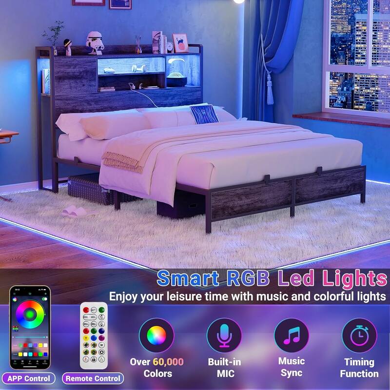 Platform Bed Frame with Reversible Storage Bookcase Headboard and Charging Station and RGB LED Lights