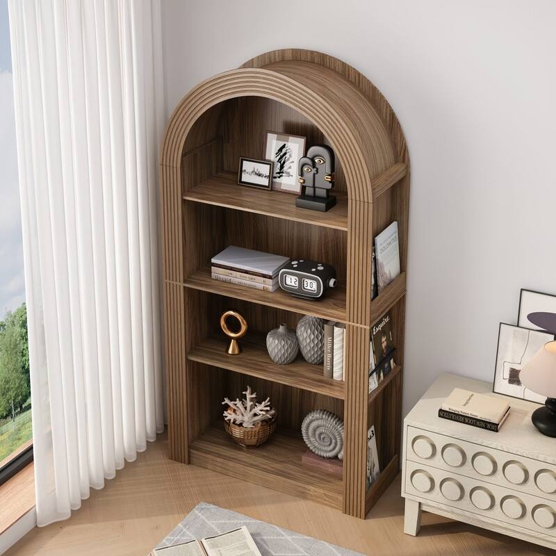 Mid Century Modern 78.74" Tall Arched Bookcase, 4-Tier Storage Shelf for Stylish Home Organization