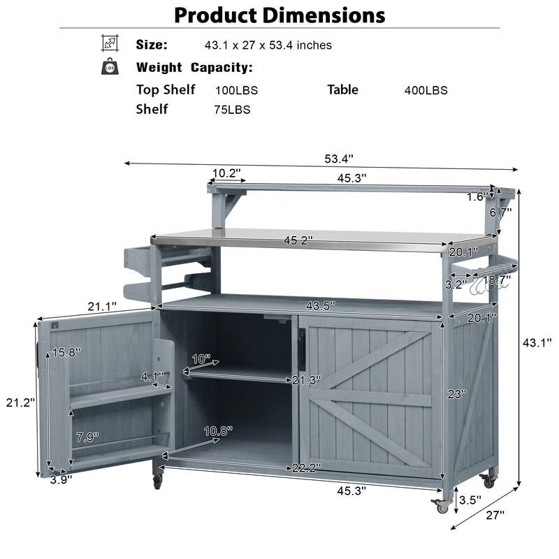 53" Outdoor Kitchen Island with Stainless Steel Top, Raised Shelf, Solid Wood Grill Cart with Storage Cabinet