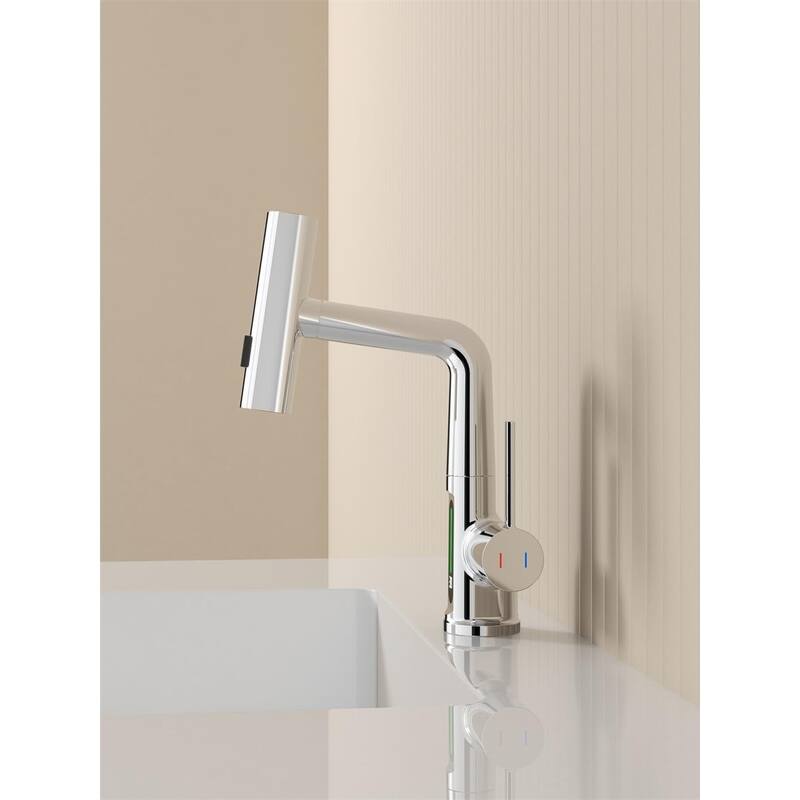 Pull Out Lift Bathroom Sink Faucet with LED Temperature Digital Display and 3 Water Spray Modes, Corrosion Resistant