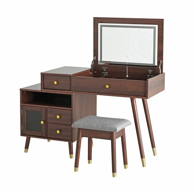 3-in-1 Vanity Desk with Lighted Flip-Top Mirror & Adjustable Cabinet
