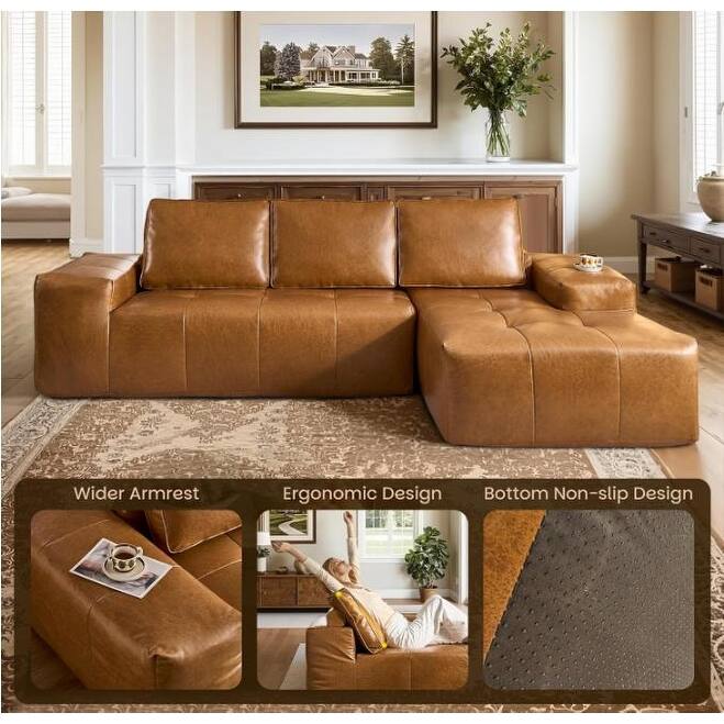 Brown Faux Leather L-Shaped Sectional Sofa with Chaise, Deep Seat Cloud Couch - No Assembly Required