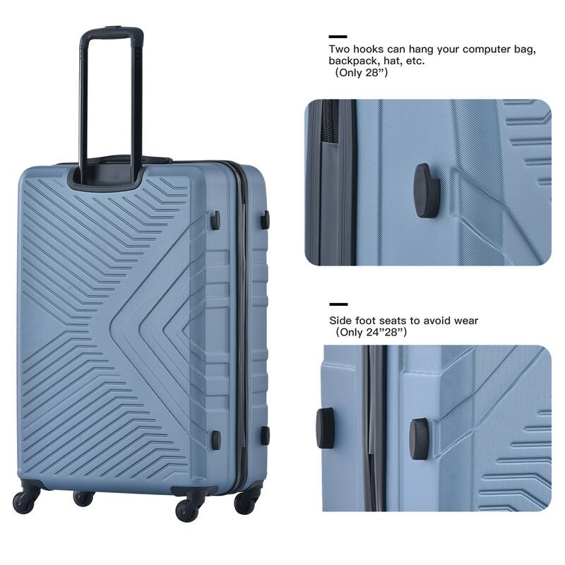 Blue 3-Piece ABS Luggage Set (20/24/28) - Lightweight, Spinner Wheels, TSA Lock, 2 Hooks