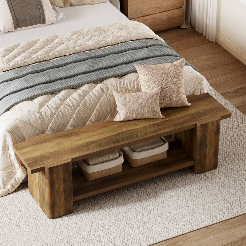 63" Entryway Bench, 2-tier Shoe Bench with Open Shelves