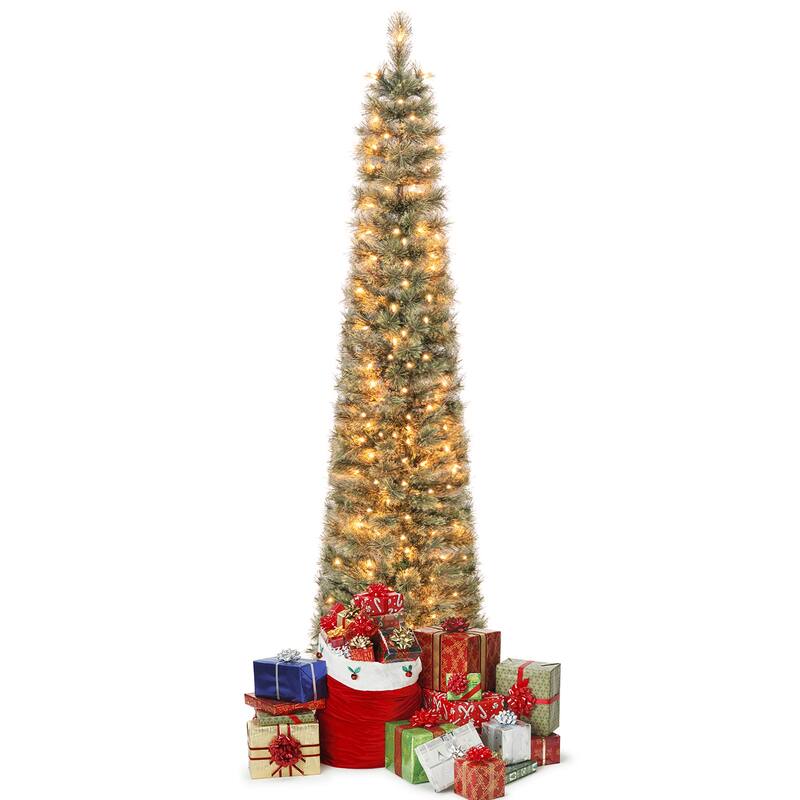 Gymax 6/7 FT Pre-Lit Artificial Christmas Tree Slime Pencil Christmas