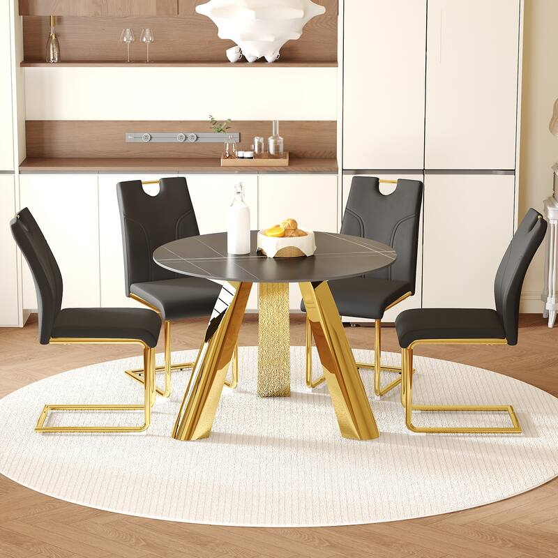 42" Sintered Stone Dining Set,4 PU Upholstered Chairs Modern Luxury Round Table - Dark Black
