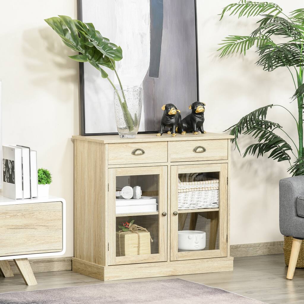 HOMCOM Rustic Farmhouse Style Sideboard Storage Cabinet with 2 Glass Doors, Adjustable Shelves and 2 Drawers - 15.75*31.5*29.5