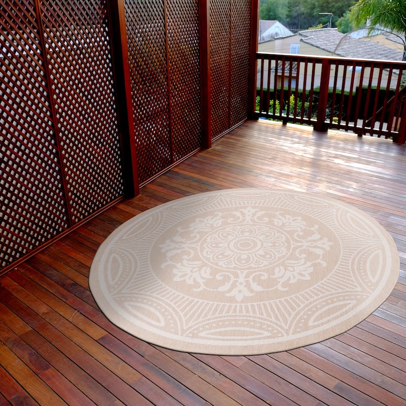 Beverly Rug Beige Medallion Indoor Outdoor Rug, Outside Carpet for Patio, Deck, Porch
