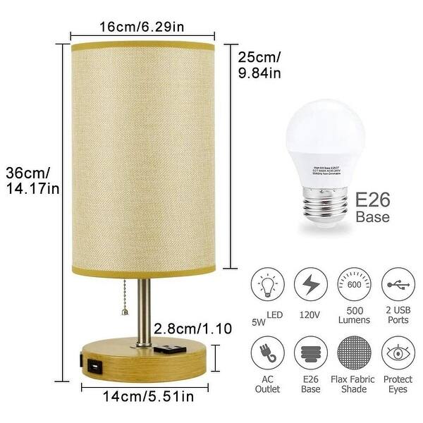 Table Lamp with 2 USB Charging Ports Yellow Nightstand Lamp Pull Chain