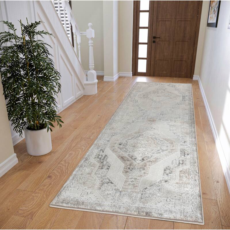 Omari Collection Cream/Grey Abstract Traditional Area Rug - 2'6" X 8' Runner