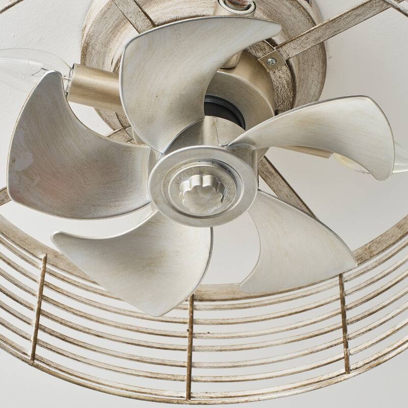 18" Antique White Caged 4-Light Low-Profile Flush Mount Ceiling Fan with Remote