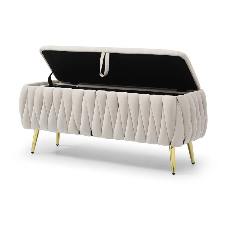 Oval Storage Bench with Gold Legs,Velvet Fabric Upholstered Ottoman Storage Benches for Bedroom End of Bed,Sherpa Fabric Bench