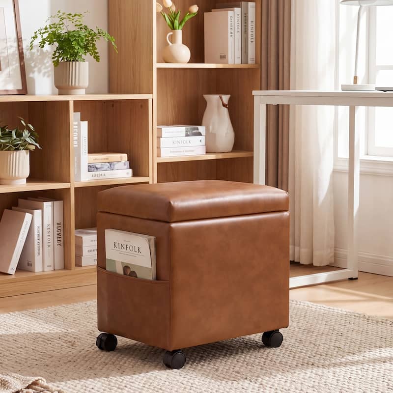Adeco 16" W Upholstered Rectangle Storage Ottoman with Tray and Pocket