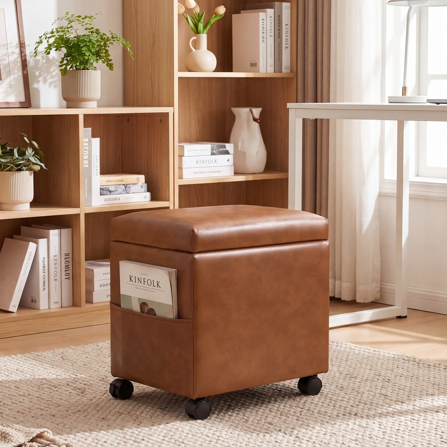 Adeco 16" W Upholstered Rectangle Storage Ottoman with Tray and Pocket