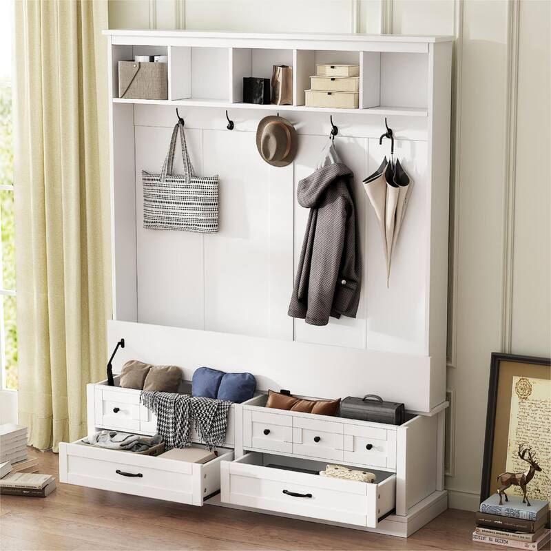Wide Hall Tree with 5 Hooks, Entryway Lift Top Storage Bench with 2 Drawers, Wood 3-in-1 Coat Rack with Handles for Mudroom - White